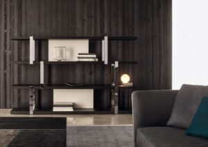 DALTON chrome bookcase that can be the star player in any living space, thanks to the new finishes that lend it a strongly contemporary decorative allure. Bookcase comes in a series of new finishes that multiply the number of ways it can be used and lead the way to new stylistic interpretations. The new finishes include the possibility of having the back panels finished in warm grey or granite glossy lacquer, while the thick shelves are available in black sand-blasted oak.