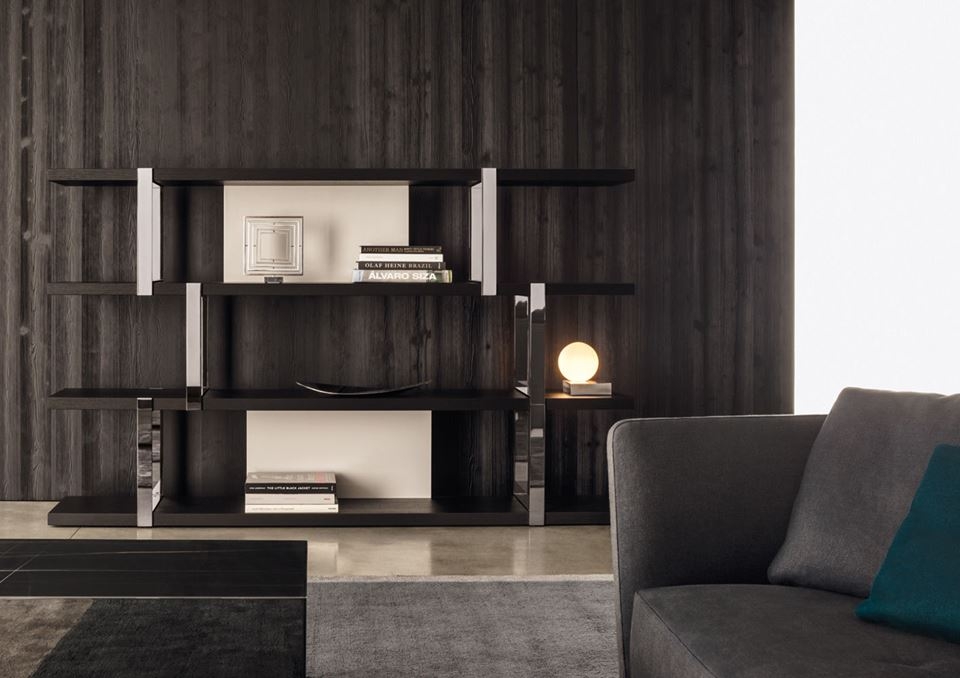 DALTON chrome bookcase that can be the star player in any living space, thanks to the new finishes that lend it a strongly contemporary decorative allure. Bookcase comes in a series of new finishes that multiply the number of ways it can be used and lead the way to new stylistic interpretations. The new finishes include the possibility of having the back panels finished in warm grey or granite glossy lacquer, while the thick shelves are available in black sand-blasted oak.