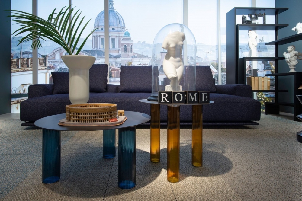 SOFA SHIKI BY DAMIAN WILLIAMSON 2019, SMALL TABLE ECHINO BY SEBASTIAN HERKNER 2019, ROTATING SELF UNIT JOY BY ACHILLE CASTIGLIONI 1989