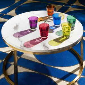 MOSA√èQUE tumblers set. Handcrafted using traditional glassblowing techniques, these glasses are the perfect gift! Available in a set of 6 in 6 different colors. The tableware has a simple silhouette that is precise and elegant. The understated shape of the tumblers makes their use appropriate for any and all drinking experiences: as a water or fruit juice glass, or mixed in with Baccarat clear crystal bar sets. The hand-blown MOSA√èQUE  umblers are cased in clear crystal, and are available in a vast array of cheerful colors in this set: orange, blue, purple, moss, green, and Baccarat‚Äôs signature ruby red crystal. The interplay of light with the smooth surface and the colored crystal makes for a radiant table, and a compelling soir√©e.