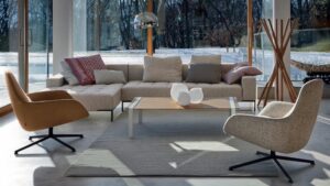 ARMCHAIRS KENT by LUDOVICA+ ROBERTO PALOMBA 2013, SOFA ALFA  BY EMAF PROGETTI 1999, FOLDIN G CLOTHES -STAND SCIANGAI BY DE PAS, D'URBINO, LOMAZZI -1973