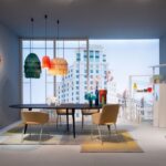 CHAIRS TUSA 2261/A  BY RODOLFO DORDONI 2019,  TABLE TWEED BY GARCIA CUMINI 2017,  ROTATING SHELF UNIT JOY BY ACHILLE CASTIGLONI 1989