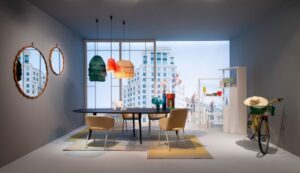 CHAIRS TUSA 2261/A  BY RODOLFO DORDONI 2019,  TABLE TWEED BY GARCIA CUMINI 2017,  ROTATING SHELF UNIT JOY BY ACHILLE CASTIGLONI 1989