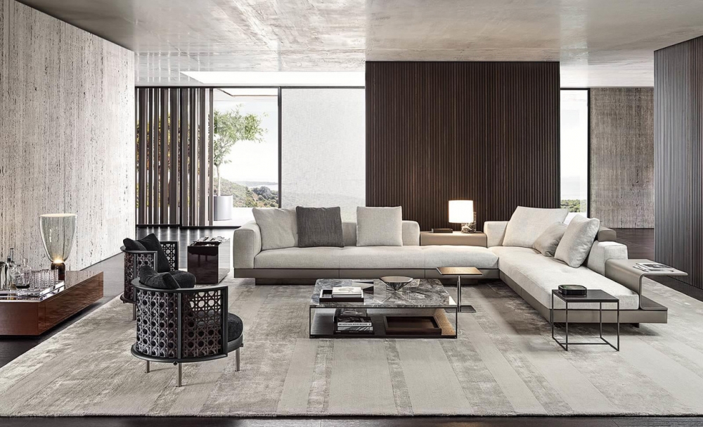 CONNERY seating system by RODOLFO DORDONI, designed in 2020. TORII NEST low armchairs by NENDO DESIGN