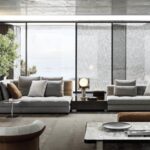 BLAZER seating system by RODOLFO DORDONI, designed in 2020. The system is complemented by a series of cushions in different sizes and headrests, which can be freely positioned, decorating the seats and offering maximum comfort.