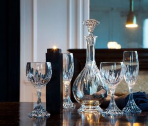 Crystal decanter, wine and champagne glasses MASS√àNA.