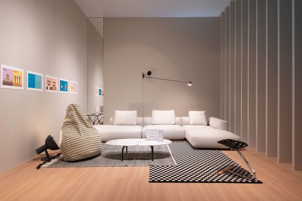 SOFA PIANOALTO BY LUDOVICA + ROBERTO PALOMBA 2012 , SMALL TABLE  GRAPHIUM BY GARCIA CUMINI 2019,  STOOL MEZZADRO BY ACHILLE AND PIER GIACOMO CASTIGLIONI 1957