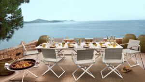 Folding armchairs and dining table SEAX by French designer JEAN-MARIE MASSAUD