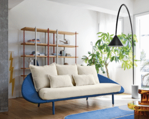 LEM sofa designed by FRANSESCO BEGHETTO. LEM is soft and sinuous sofa; the tubular structure with the aid of straps, is fully covered in fabric without using foams. Soft seat cushions and back rest on the shell fabric to ensure maximum comfort. The series LEM is complete of four variants, two or three seater sofa, armchair and ottoman.