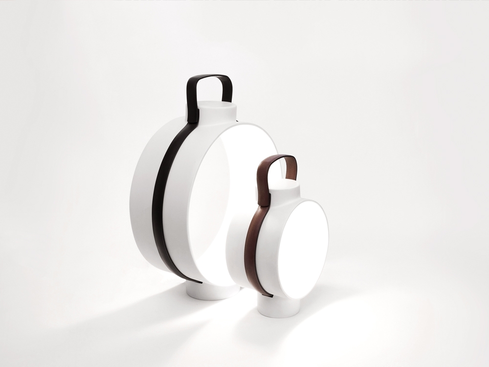 Porcelain lantern with leather belt NIGHTINGALE - designer CHIRSTOPHE DE LA FONTAINE