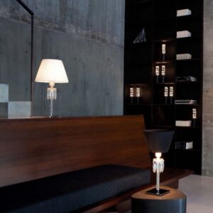 TORCH lamp, designed by ARIK LEVY. The TORCH lamps were inspired by the emblematic Z√©nith chandelier, which it partly reinvents. The combination of crystal and metal adds a touch of modernity.The TORCH lamp combines advanced technology with a fancy lyrical touch - not forgetting a dash of humor with the black lampshade placed upside down.