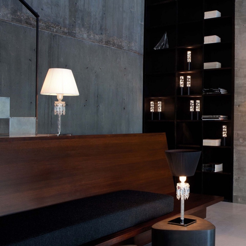 TORCH lamp, designed by ARIK LEVY. The TORCH lamps were inspired by the emblematic Z√©nith chandelier, which it partly reinvents. The combination of crystal and metal adds a touch of modernity.The TORCH lamp combines advanced technology with a fancy lyrical touch - not forgetting a dash of humor with the black lampshade placed upside down.