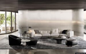 DYLAN sofa designed by RODOLFO DORDONI. A multifaceted and versatile lexicon in which the rigour of forms is combined with their ability to accommodate.